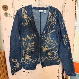 Chico's Dark Blue Embroidered Jean Jacket Medium